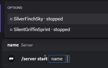 The /server start command autocompleting server names with their status