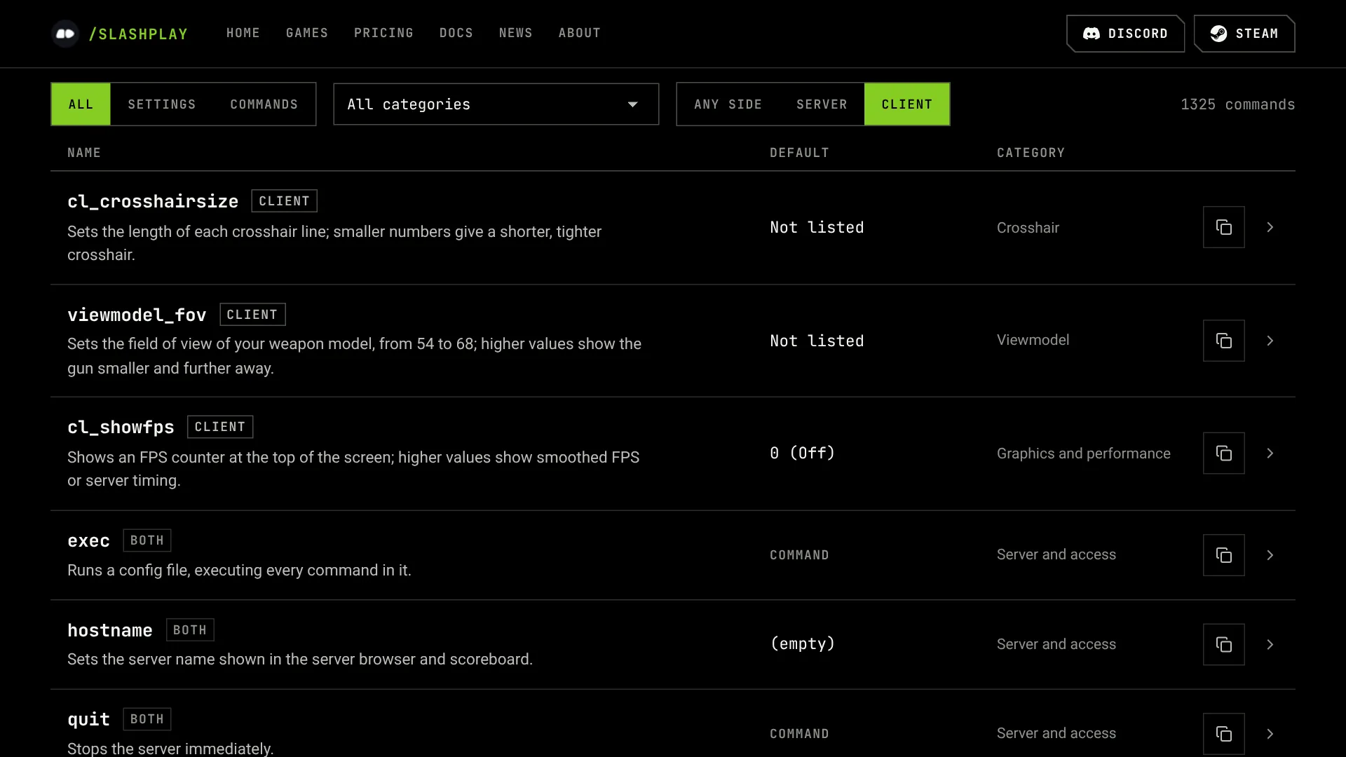 The CS2 list showing only client commands