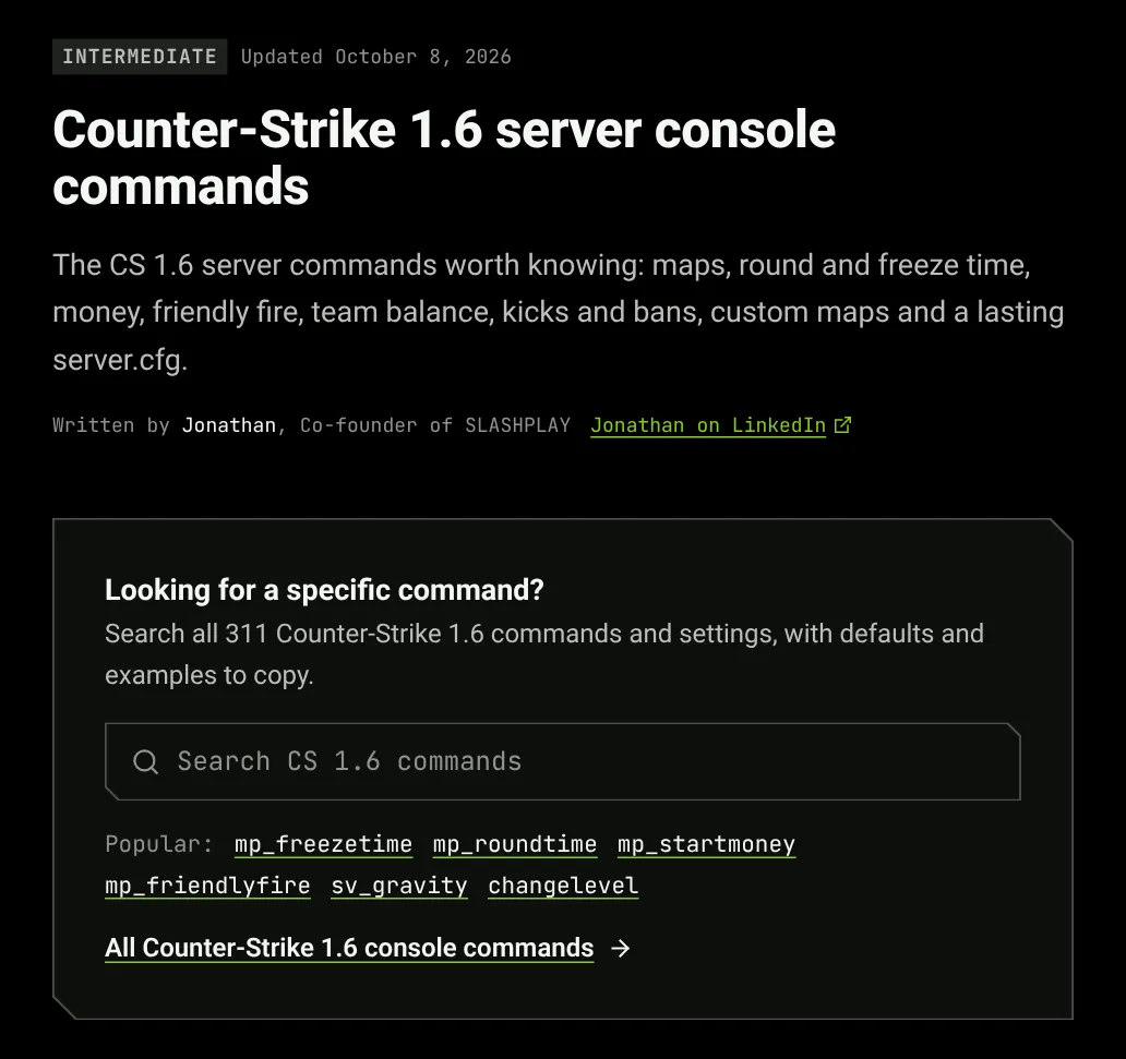 The command search near the top of the CS 1.6 console commands guide