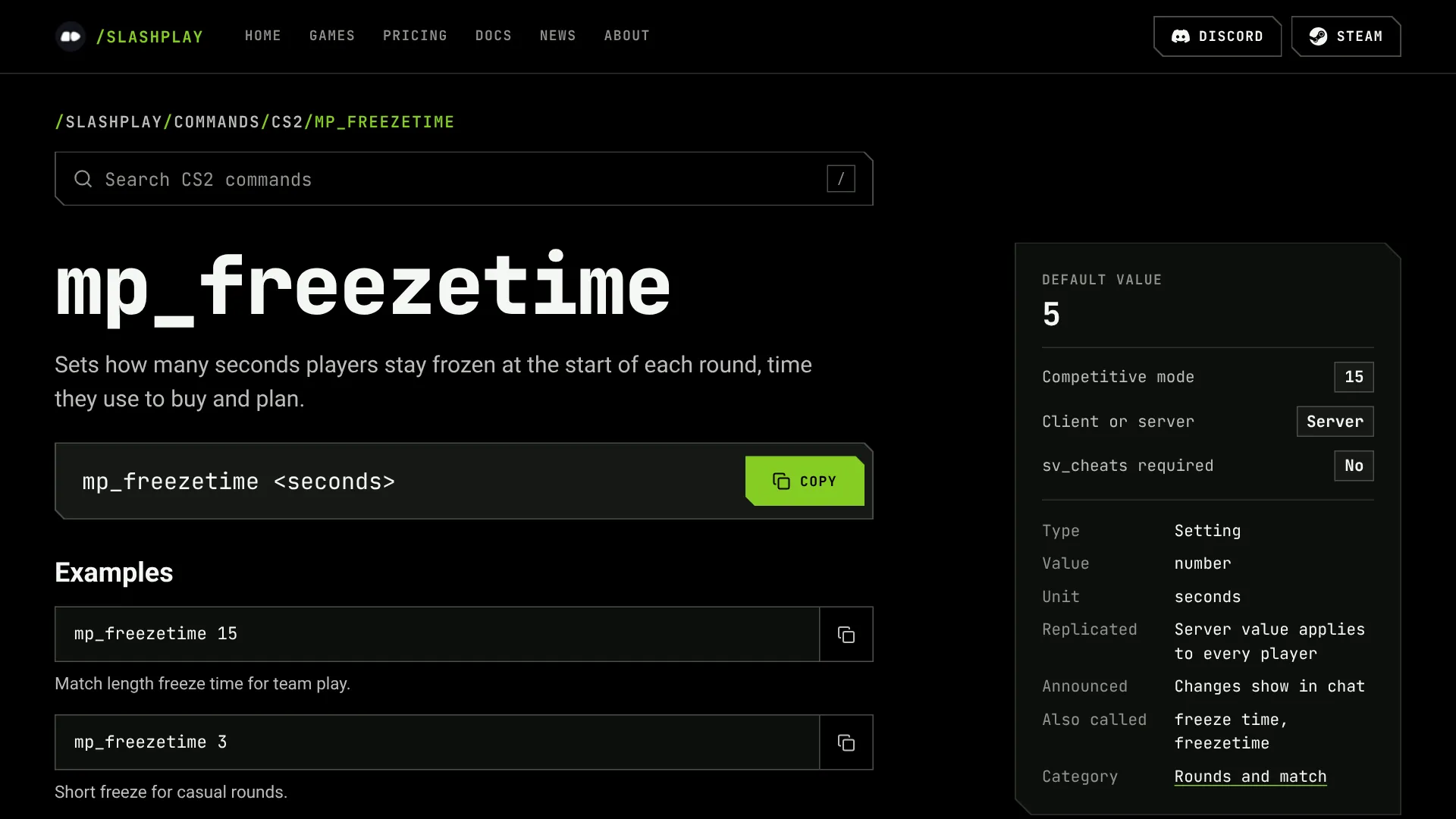 The mp_freezetime page: default 5, competitive 15, a server command, no sv_cheats needed