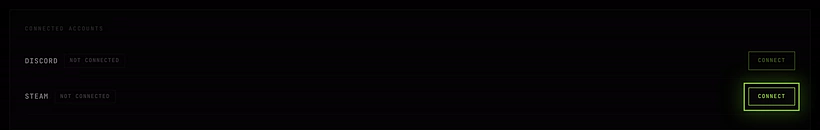 Connected accounts on the account page, with Discord and Steam both Not connected and a Connect button on each row
