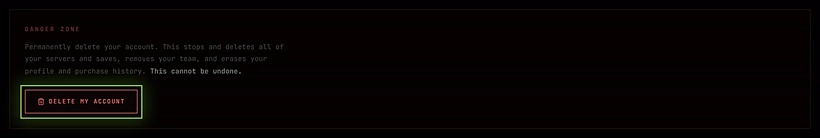 The Danger zone at the bottom of the account page, with the Delete my account button