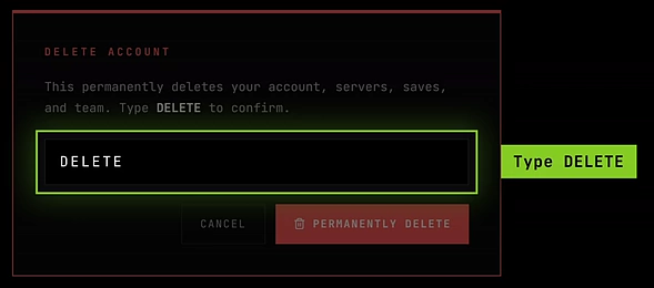 The Delete account window with DELETE typed in the box and the Permanently delete button unlocked