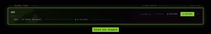 The Servers tab after the team balance reached zero: the team shows 0 Tokens and its CS2 server is stopped with an 11 KB save