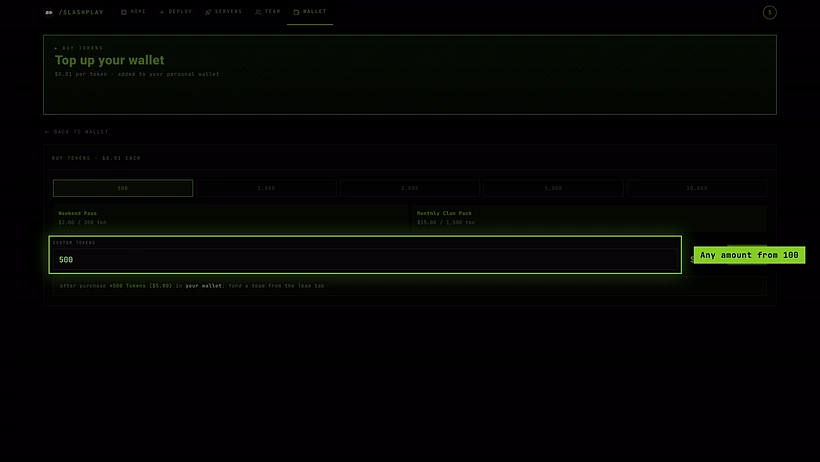 The Top up your wallet screen with quick amounts, two bundles and the custom amount box