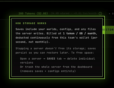 The How storage works popover: 1 token per GB per month, and stopping a server does not free its storage