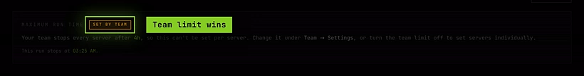 A server's Maximum run time marked Set by team, with the team's 4 hour limit and the time this run stops