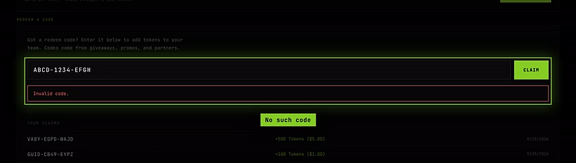 A made-up code in the Redeem a code box with the red line Invalid code. under it