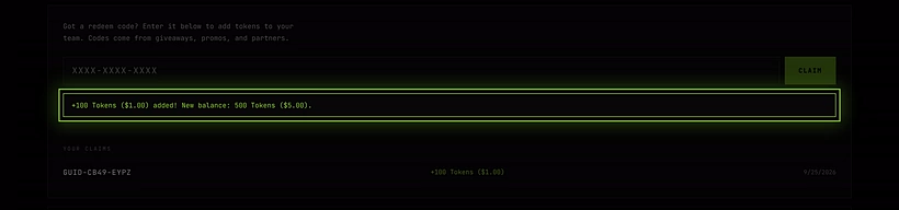 The green confirmation line after claiming a code