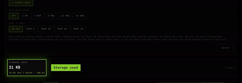 The Storage used panel on a server's Saves tab: 21 KB for 2 saves, under 0.01 tokens a month