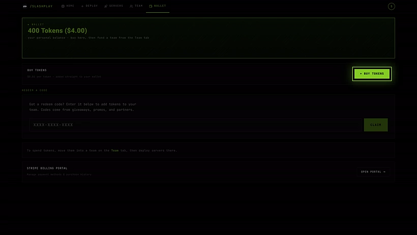 The Wallet tab with the wallet balance, Buy tokens and Redeem a code