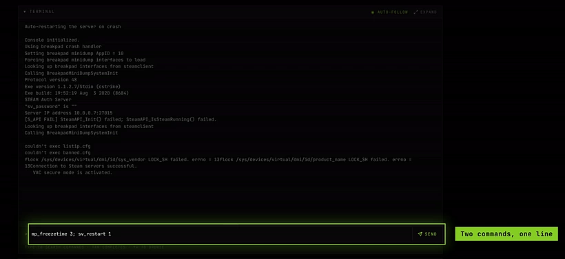 The Console tab of a CS 1.6 server with mp_freezetime 3; sv_restart 1 typed on one line