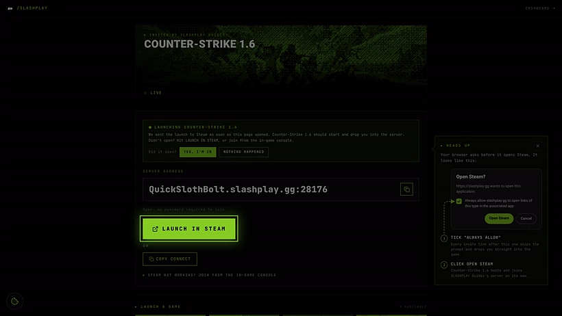 The invite page for a Counter-Strike 1.6 server