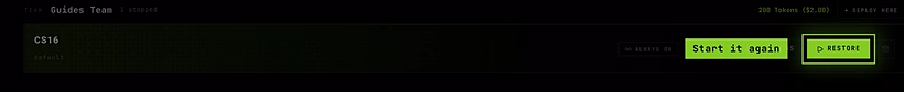 A stopped Counter-Strike 1.6 server with Restore highlighted