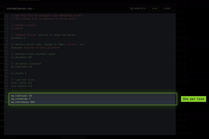 cstrike/server.cfg open in the editor, with mp_timelimit, mp_roundtime and mp_startmoney added at the end