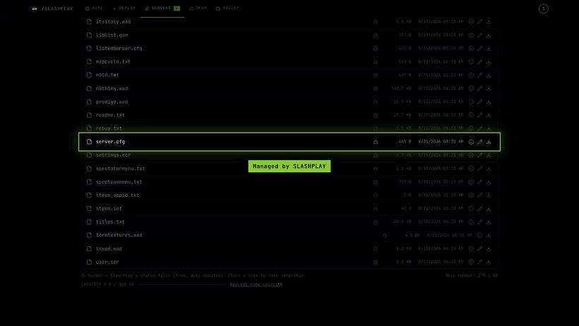 The cstrike folder in the file manager, with server.cfg marked by a closed padlock