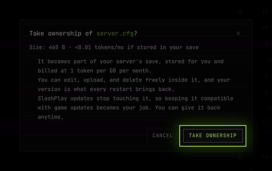 The Take ownership of server.cfg? dialog, showing its size and storage cost