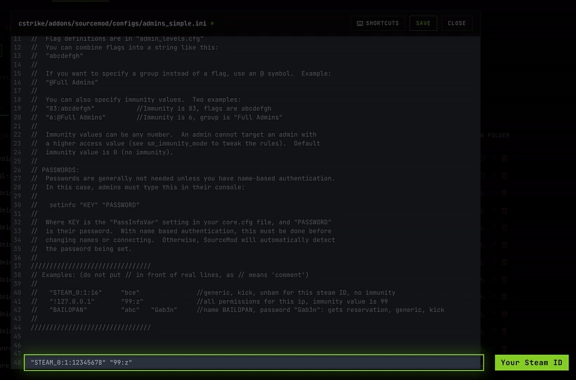 admins_simple.ini open in the editor with a new admin line at the bottom