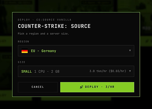 The Counter-Strike: Source deploy window with EU - Germany and SMALL