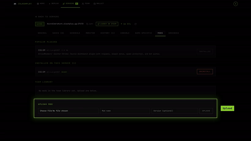The Mods tab with Upload mod and the team library