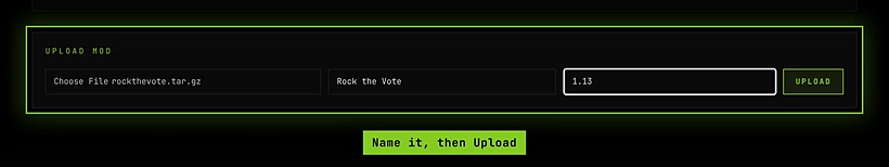 The Upload mod box with a .tar.gz chosen, a mod name and a version