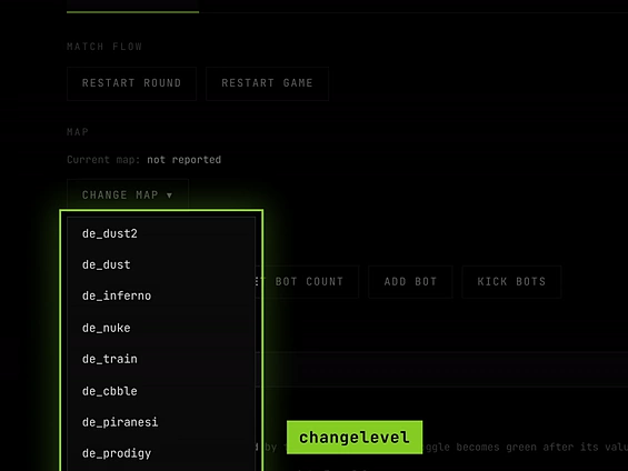 Change map opened, listing de_dust2, de_dust, de_inferno and more