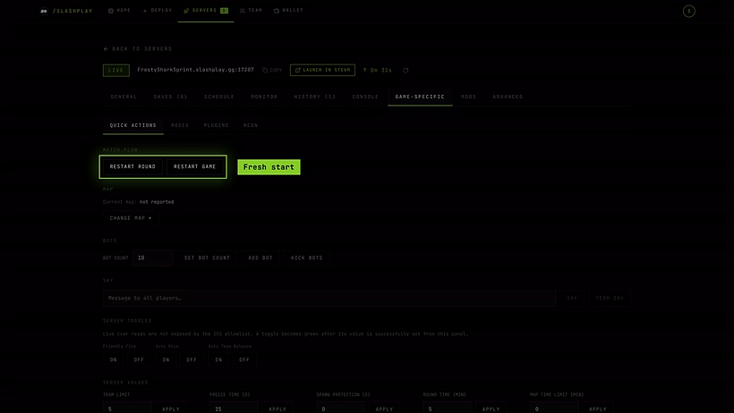 The Quick actions panel of a live CS:Source server, with Restart round and Restart game at the top