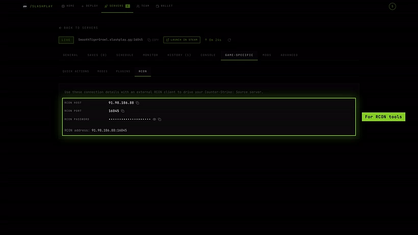 The RCON panel under Game-specific: RCON host, RCON port, the hidden RCON password and the RCON address