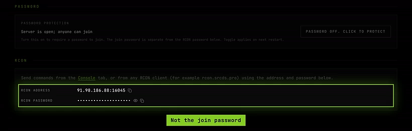The General tab: the Password section above the RCON section with the RCON address and password