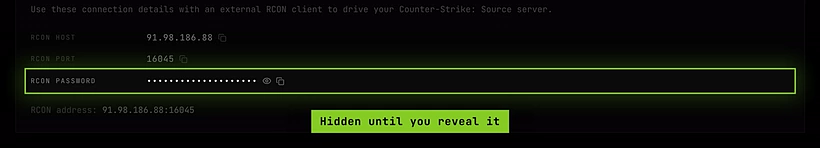 The RCON password row, hidden, with its show and copy buttons
