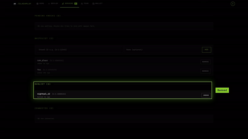 The whitelist with an approved player, and the banlist with Unban