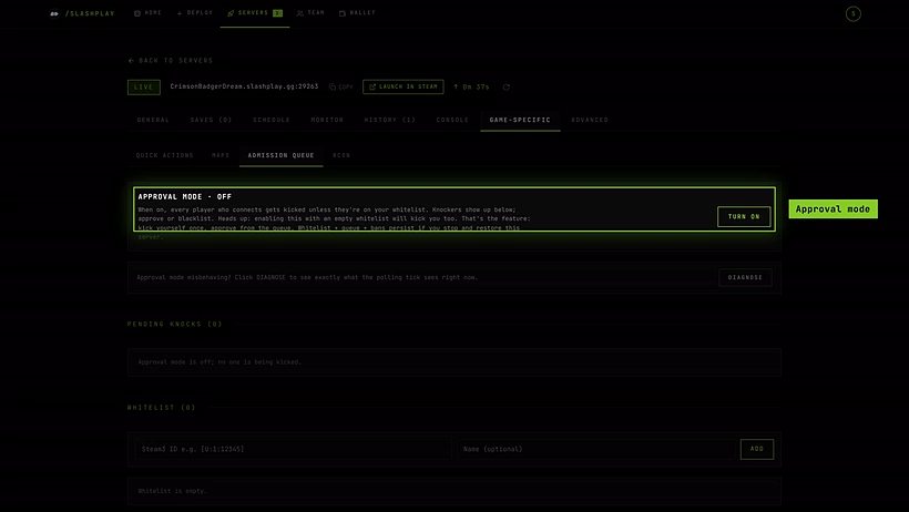 The Admission queue panel with approval mode off