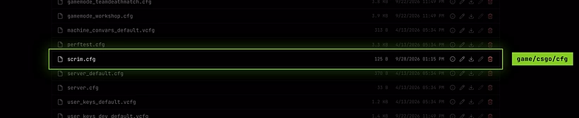 scrim.cfg uploaded into the game/csgo/cfg folder