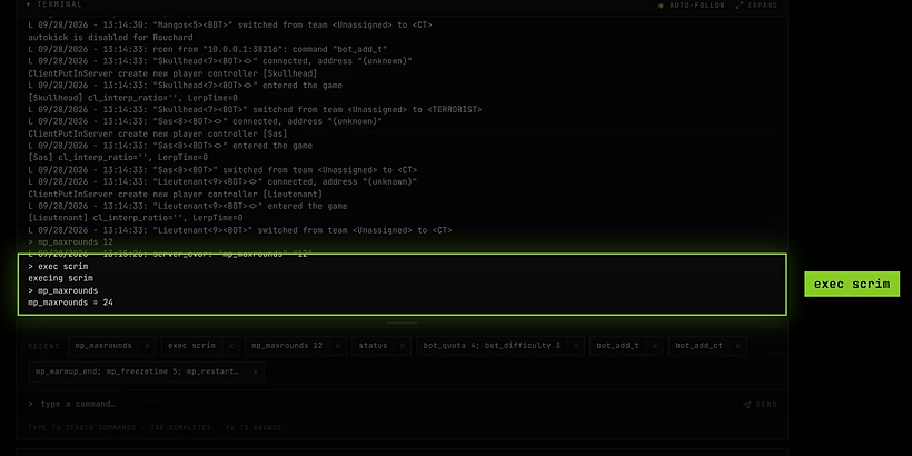 The console running exec scrim, then showing mp_maxrounds = 24 from the file