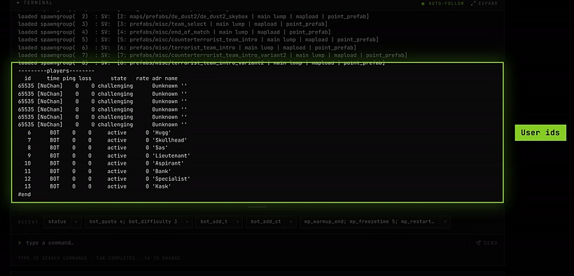 The console showing the status reply, one line per player with a user id