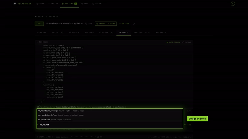 The console suggesting mp_roundtime commands as you type