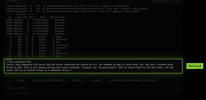 The console refusing host_timescale 0.01 with an explanation