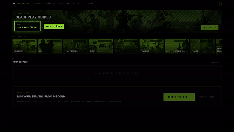 The SLASHPLAY dashboard home, with the token balance highlighted