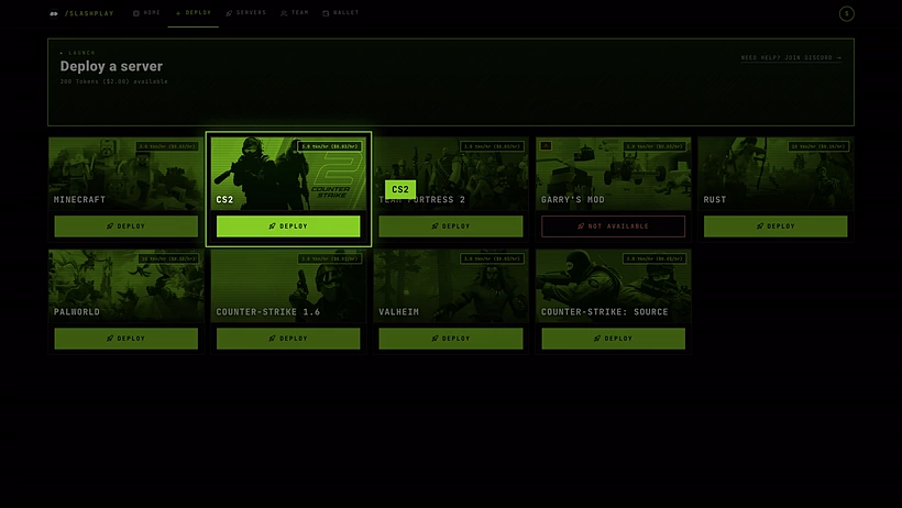 The Deploy tab with the game cards