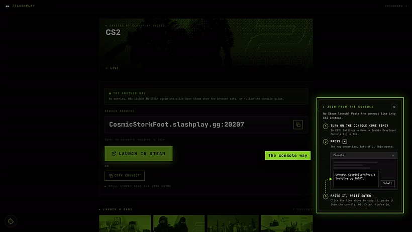 The invite page after Nothing happened: the Join from the console guide with three steps and the connect line