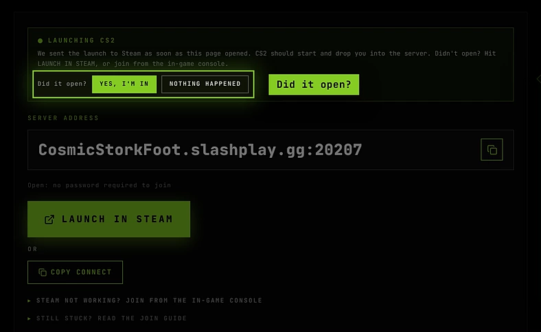 The invite page right after it opened: Launching CS2, with Did it open? Yes, I'm in or Nothing happened