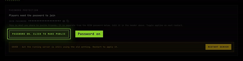 The Password section with Password on and a notice to restart the server to apply it