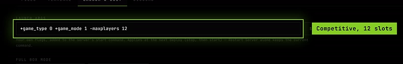 Launch args with +game_type 0 +game_mode 1 -maxplayers 12 typed in, next to Save