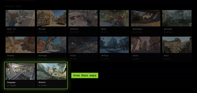 The Official Maps tiles, with Baggage and Shoots highlighted