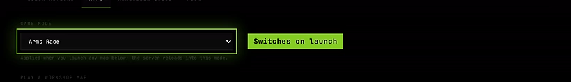 The Maps panel's Game Mode picker set to Arms Race