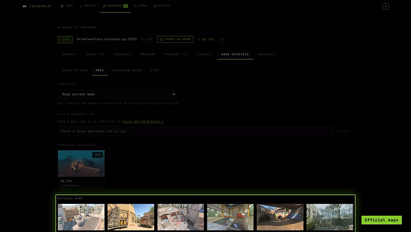 The Maps panel: Game Mode, Play a Workshop Map, Community Favourites and Official Maps