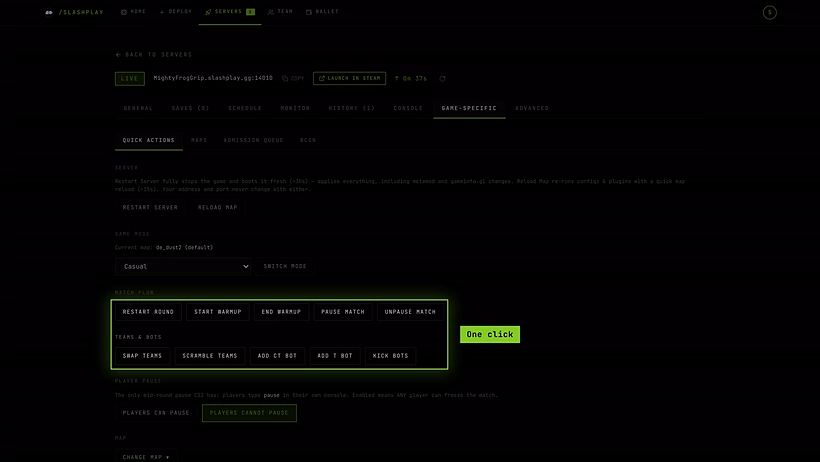 CS2 Quick actions: server, game mode, match flow, teams and bots, player pause