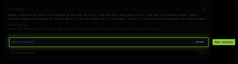 A Steam ID under Has access, with Revoke