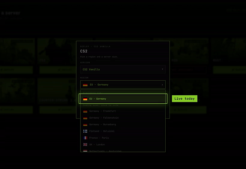 The region list in the deploy window: EU - Germany is live, others are open for votes