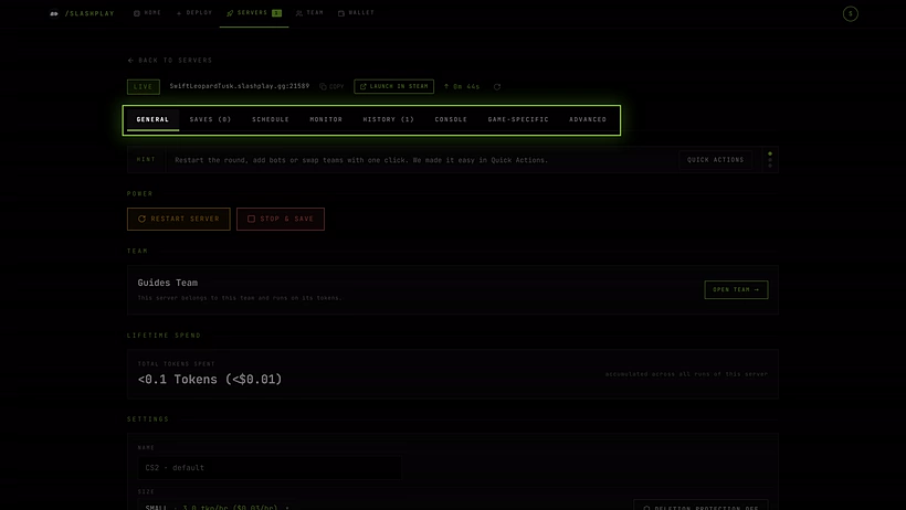 The server page, General tab
